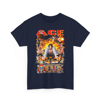 Men's trendy navy graphic t-shirt featuring a vibrant illustration of Ace from One Piece, surrounded by flames and iconic characters, perfect for anime fans.