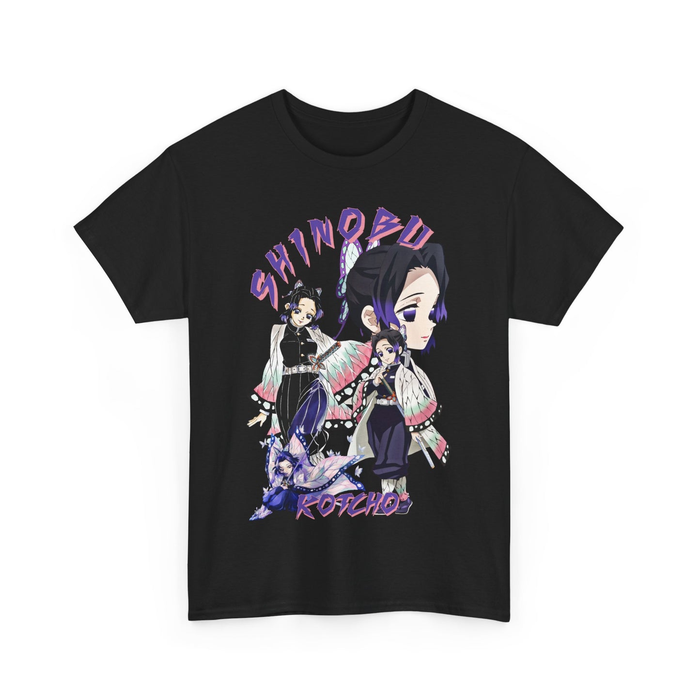 Stylish black T-shirt displaying high-definition artwork of Shinobu Kocho from Demon Slayer, embellished with vivid butterfly elements and bold typography for fashion-forward anime enthusiasts.