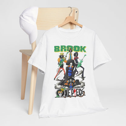 Elevate your style with the Brook graphic t-shirt featuring vibrant anime characters, showcased on a minimalist background with a wooden chair, embodying casual chic elegance.