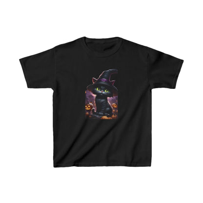 Kids Cute Kitten Halloween T-shirt showcasing a charming black kitten in a witch's hat, complemented by a pumpkin setting, offered in a classic black colour - Heavy Cotton Tee by Dazzling Dreams.