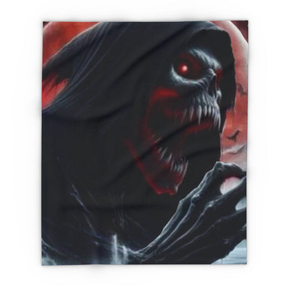 Decorative and Warm Halloween Spooky Arctic Fleece Blanket showcasing a sinister character emerging from shadows, perfect for elite Halloween celebrations.