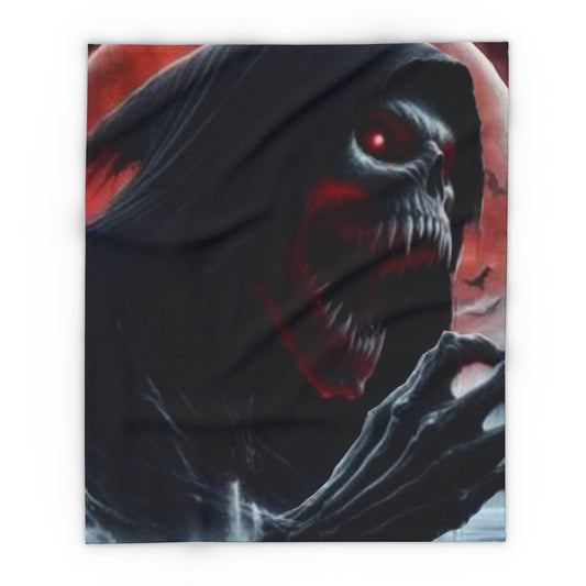 Decorative and Warm Halloween Spooky Arctic Fleece Blanket showcasing a sinister character emerging from shadows, perfect for elite Halloween celebrations.
