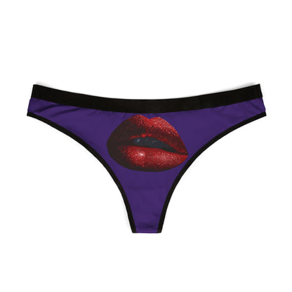Elegant women's thong displaying an eye-catching illustration of sparkling red lips on a purple fabric, ideal for cheeky celebrations.