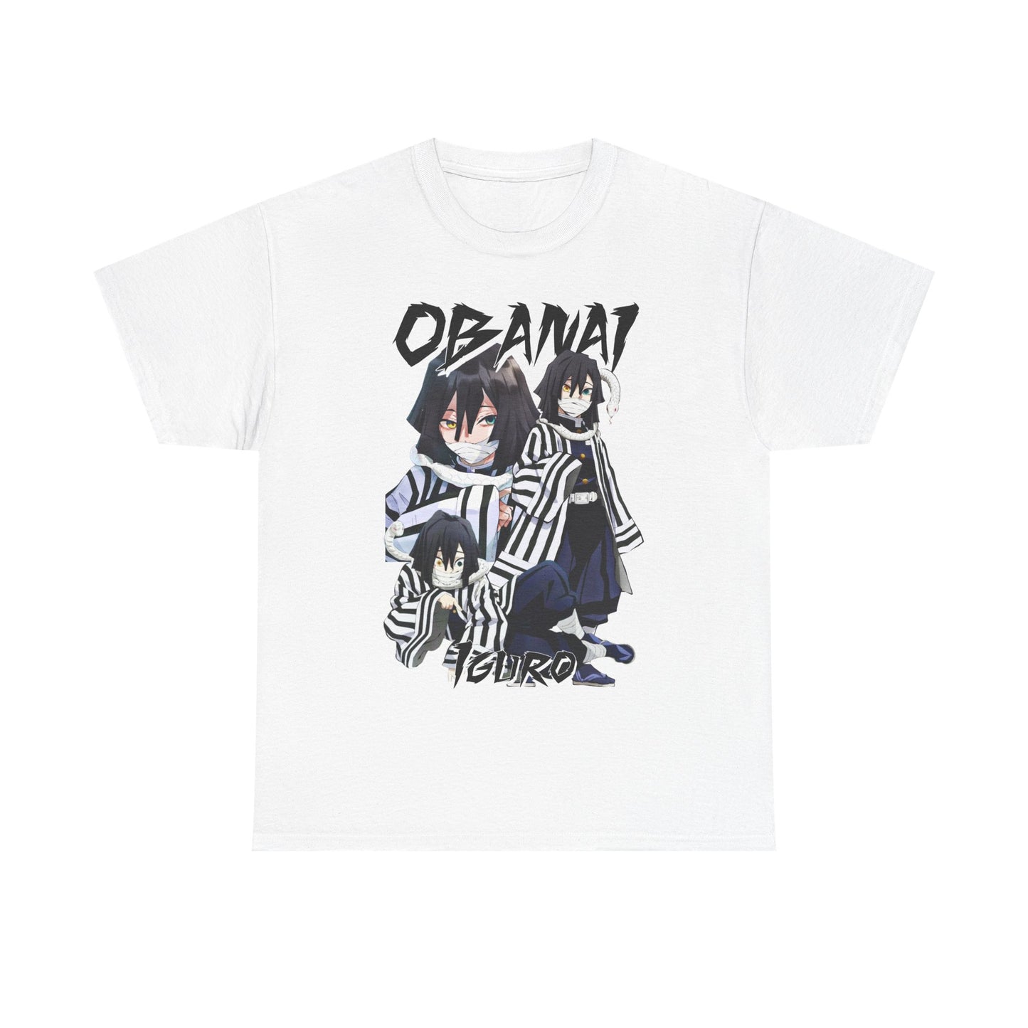 Chic white T-shirt featuring a bold graphic of Obanai Iguro from the anime Demon Slayer, perfect for channeling anime culture with a refined touch.