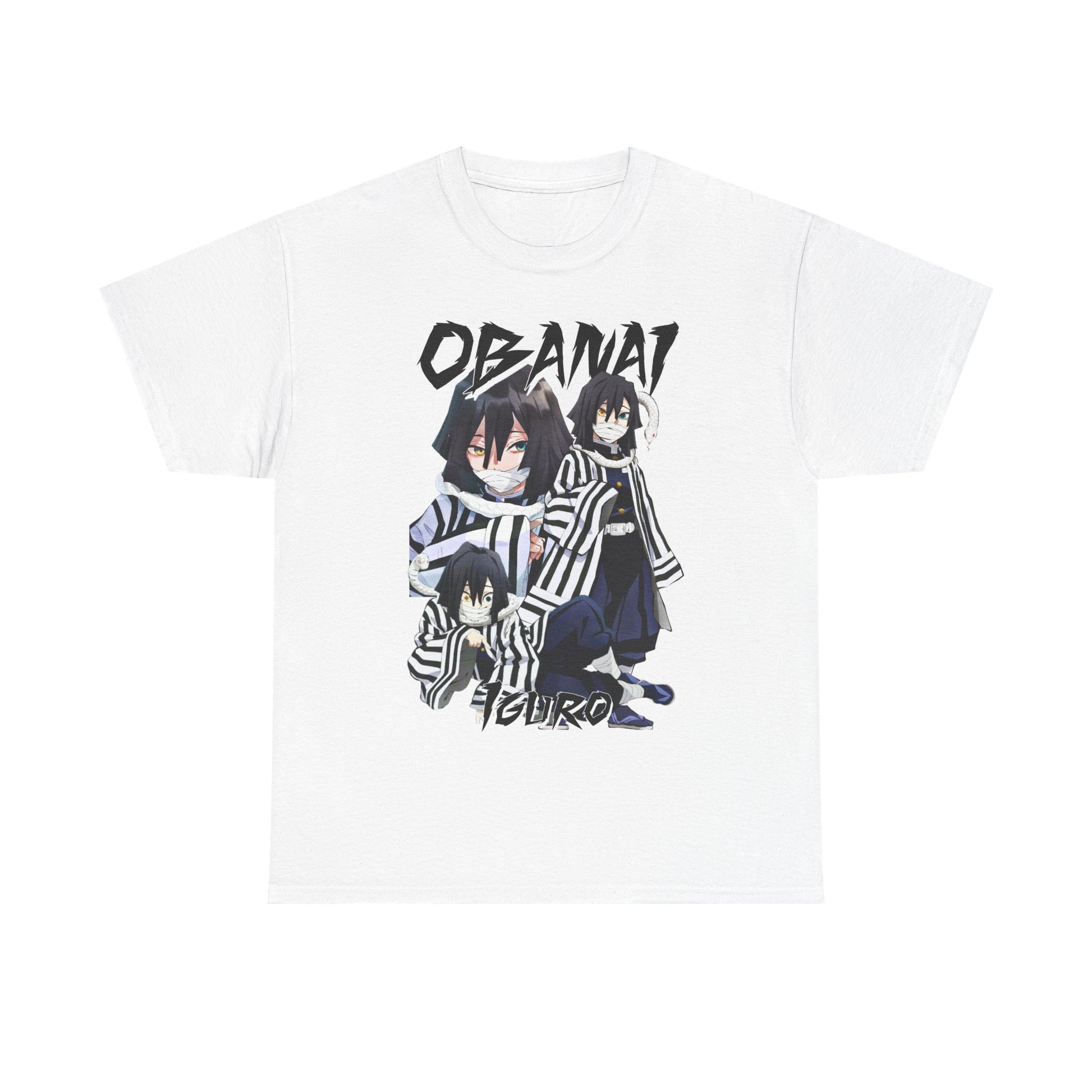 Chic white T-shirt featuring a bold graphic of Obanai Iguro from the anime Demon Slayer, perfect for channeling anime culture with a refined touch.