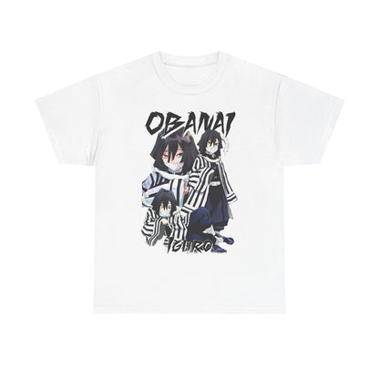 Chic white T-shirt featuring a bold graphic of Obanai Iguro from the anime Demon Slayer, perfect for channeling anime culture with a refined touch.