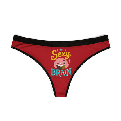 Stylish red women's thong showcasing the fun and flirty statement 'I have a sexy brain', ideal for adding a humorous touch to lingerie collections.