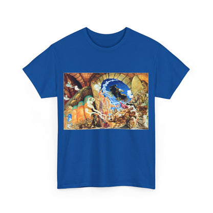 Front view of the Discworld Small Gods Graphic Unisex T-Shirt in vibrant blue featuring a stunning artistic design from Terry Pratchett's Discworld series, perfect for stylish bibliophiles.