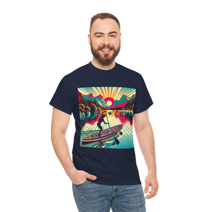 A fashionable individual wearing the Paddle Board T-Shirt by Dazzling Dreams Studio, demonstrating a passion for aquatic adventures.