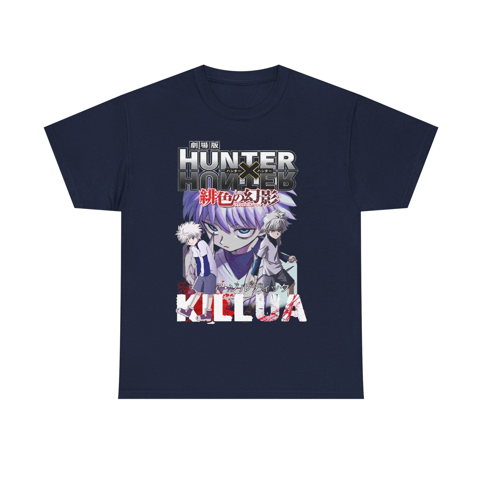 Luxury navy blue graphic t-shirt featuring iconic anime duo Killua and Gon from Hunter x Hunter, showcasing vibrant artwork and elegant detailing.