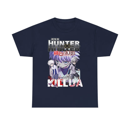 Luxury navy blue graphic t-shirt featuring iconic anime duo Killua and Gon from Hunter x Hunter, showcasing vibrant artwork and elegant detailing.