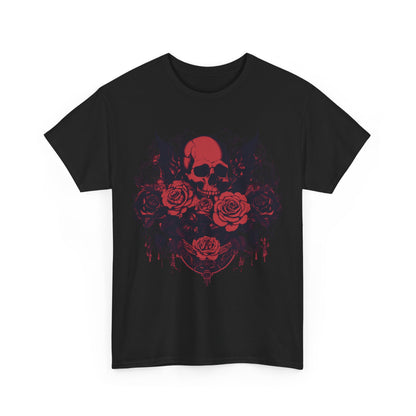 Front view of the Skulls and Roses Cotton Tee in black, showcasing the intricate skull and roses graphic, perfect for alternative fashion.