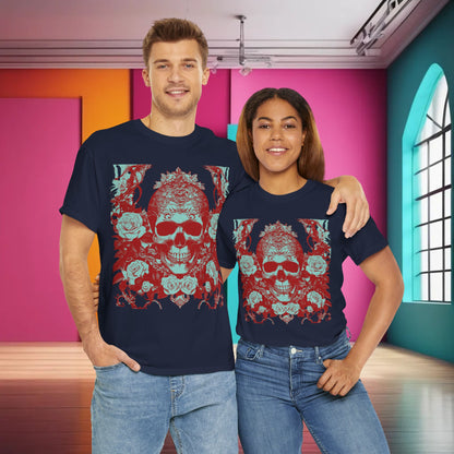 Elegant couple wearing the Skulls and Roses Cotton Tee against a colourful background, featuring a unique skull and rose motif, perfect for those with a daring sense of style.