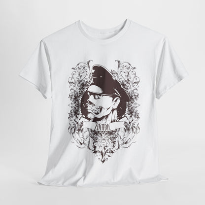 Men's luxury zombie graphic t-shirt featuring ornate baroque details, set against a pristine white background, showcasing a striking skull design with a stylish officer's hat.