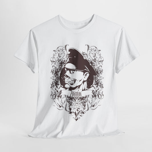 Men's luxury zombie graphic t-shirt featuring ornate baroque details, set against a pristine white background, showcasing a striking skull design with a stylish officer's hat.