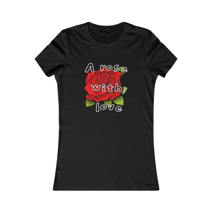 Luxury black graphic t-shirt featuring a striking red rose design and playful text 'A rose with love', embodying elegance and charm for a stylish statement.