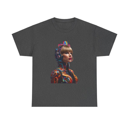 Swifties psychedelic Taylor Swift Heavy Cotton Tee shown in a sophisticated dark grey, highlighting a striking psychedelic print of Taylor Swift, an ideal choice for fashionable fans.