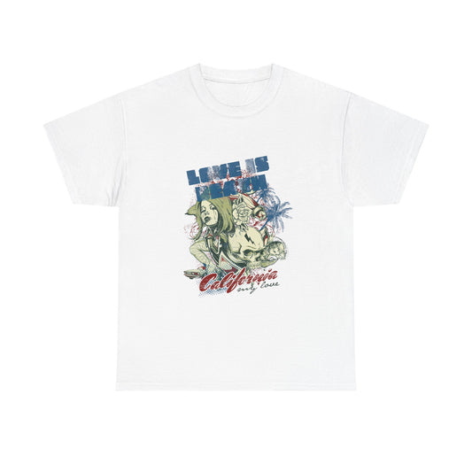 Luxurious men's t-shirt featuring an artistic palm and skull graphic. The design includes the bold phrase 'LOVE IS DEATH' in dramatic typography, complemented by a captivating female figure. This unique style harmonises gothic and tropical elements, making a sophisticated statement for those who embrace individuality.