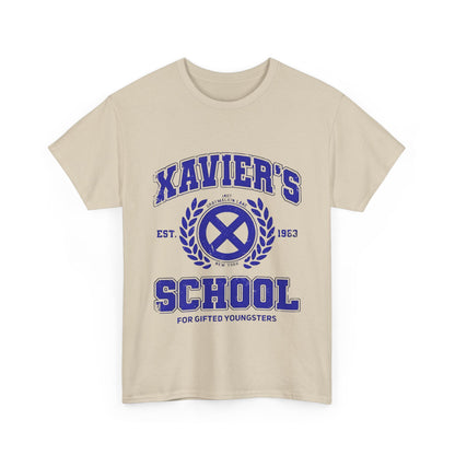 Front view of a chic unisex tee shirt in beige, prominently featuring the Xavier's School for Gifted Youngsters X-Men logo in blue, combining timeless style with pop culture flair.