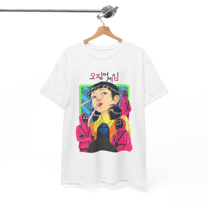 Luxury white graphic T-shirt featuring vibrant cartoon design inspired by the hit Netflix series, showcasing an artistic portrayal of a female character, perfect for stylish urban fashion enthusiasts.