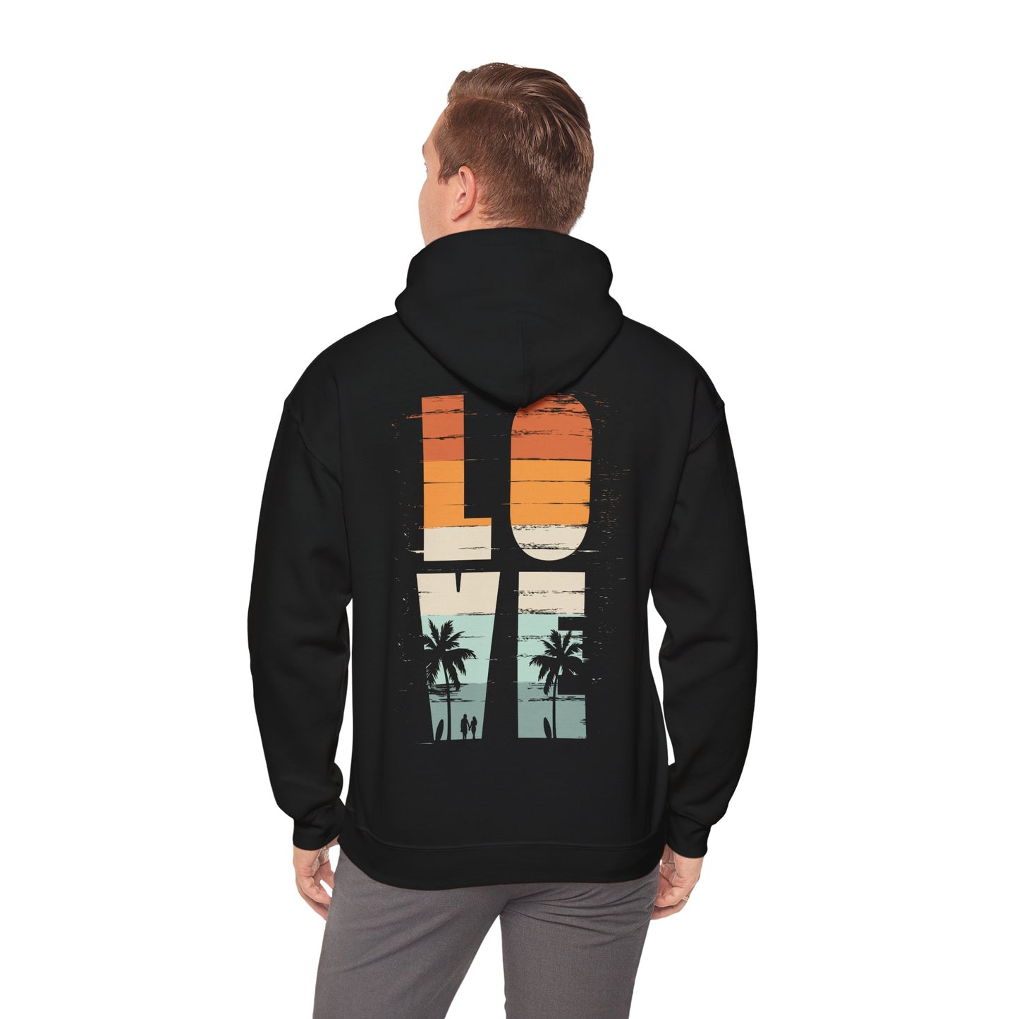 Elegant black vintage love hoodie displayed from the back, adorned with a striking design of vibrant sunset colours and romantic beach figures, perfect for effortless sophistication.