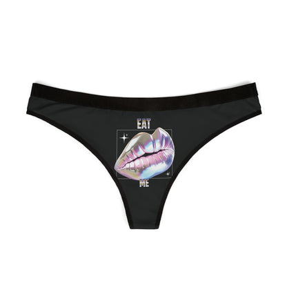 Elegant 'Eat Me' cheeky thong showcasing a detailed design of seductive lips in a shimmering holographic finish on a sleek black background.