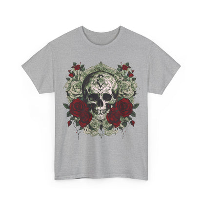 Front view of Skulls and Roses Cotton Tee, featuring an exquisite skull and rose graphic, highlighting alternative fashion with a luxurious edge in a soft grey colour.