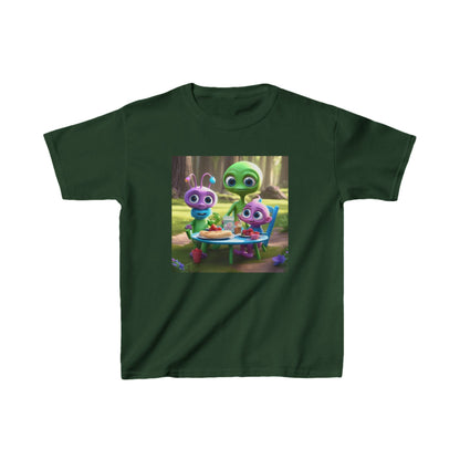 Kids Cute Aliens Heavy Cotton T-Shirt in dark green, showcasing adorable alien graphics that inspire imagination and creativity in a luxurious soft fabric.