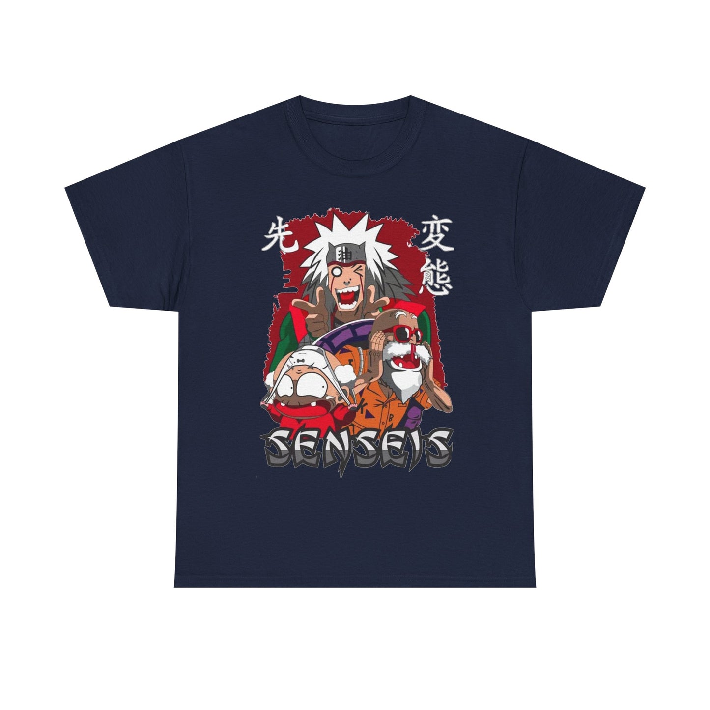Refined navy anime graphic t-shirt featuring striking characters and graffiti-style lettering, a perfect statement piece for discerning fans of modern fashion.