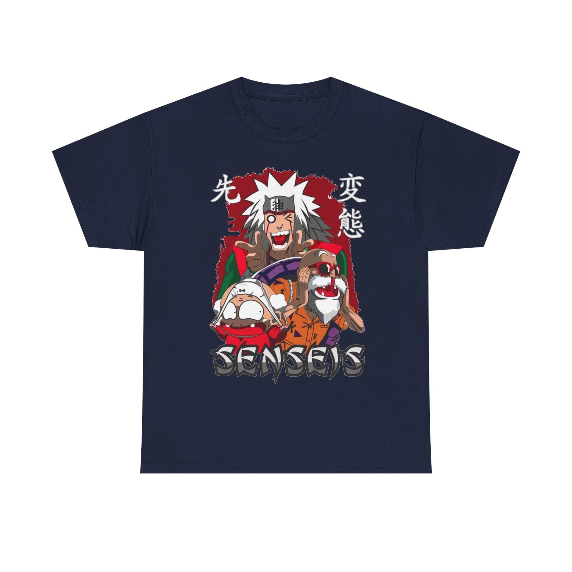 Refined navy anime graphic t-shirt featuring striking characters and graffiti-style lettering, a perfect statement piece for discerning fans of modern fashion.