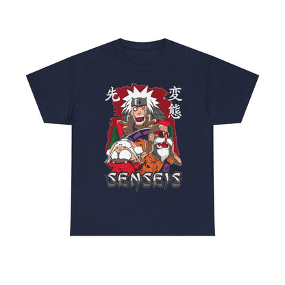 Refined navy anime graphic t-shirt featuring striking characters and graffiti-style lettering, a perfect statement piece for discerning fans of modern fashion.