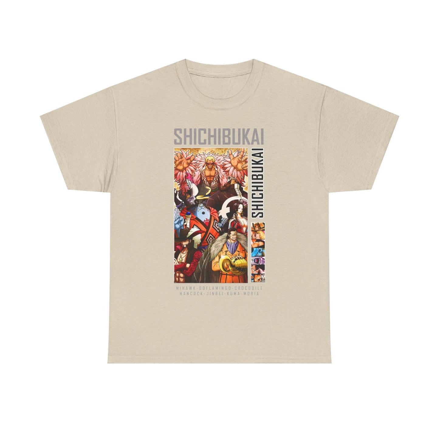 Chic beige One Piece Shichibukai T-shirt adorned with colourful artwork of beloved anime characters, designed for stylish fans.