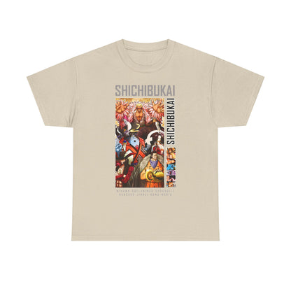 Chic beige One Piece Shichibukai T-shirt adorned with colourful artwork of beloved anime characters, designed for stylish fans.
