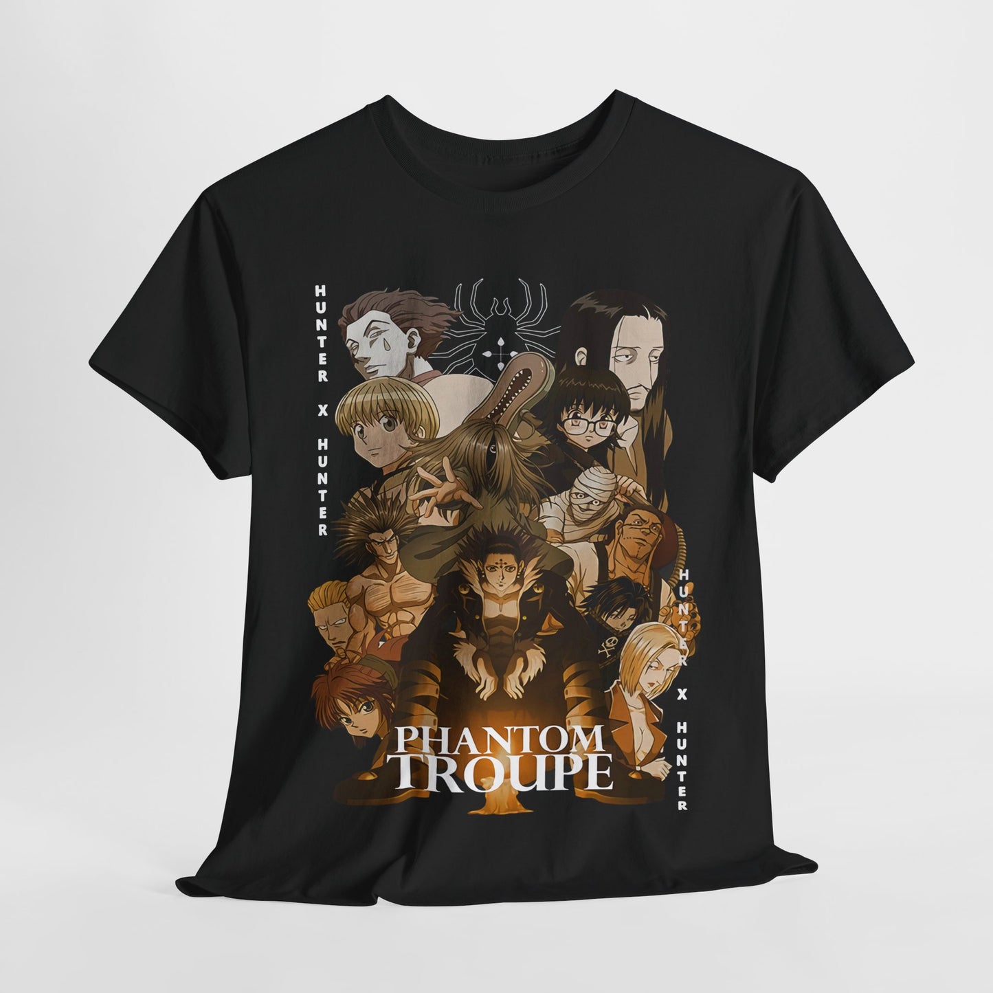 Premium black Phantom Troupe graphic tee featuring striking illustrations of beloved characters from Hunter x Hunter, perfect for anime enthusiasts seeking unique style.