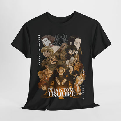 Premium black Phantom Troupe graphic tee featuring striking illustrations of beloved characters from Hunter x Hunter, perfect for anime enthusiasts seeking unique style.