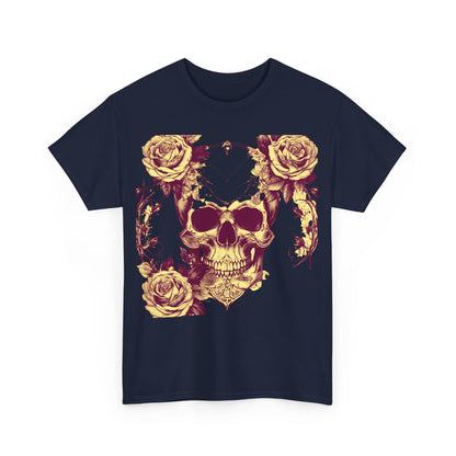 Close-up of the Skulls and Roses Cotton Tee's front design, highlighting intricate skull and floral details that embody a steampunk aesthetic.