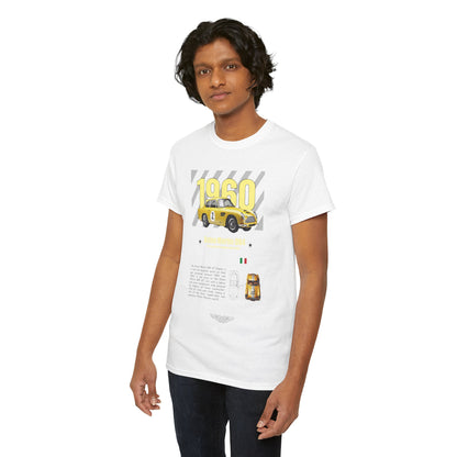 Elegant Aston Martin DB4 GT Zagato Men's T-Shirt featuring a vibrant yellow 1960 Aston Martin graphic on a white background, perfect for car enthusiasts and stylish gentlemen.