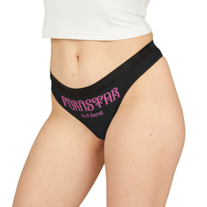 Luxurious women's black thong panties featuring the provocative slogan 'PORNSTAR: It's a Secret' in elegant pink lettering, tailored for comfort and style, ideal for bold intimates.