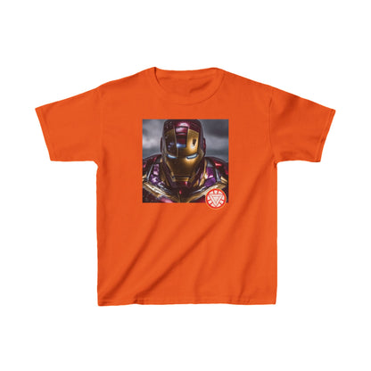 Kids Heavy Cotton Iron Man T-Shirt featuring a striking Iron Man graphic in orange, available in 16 vibrant colours.