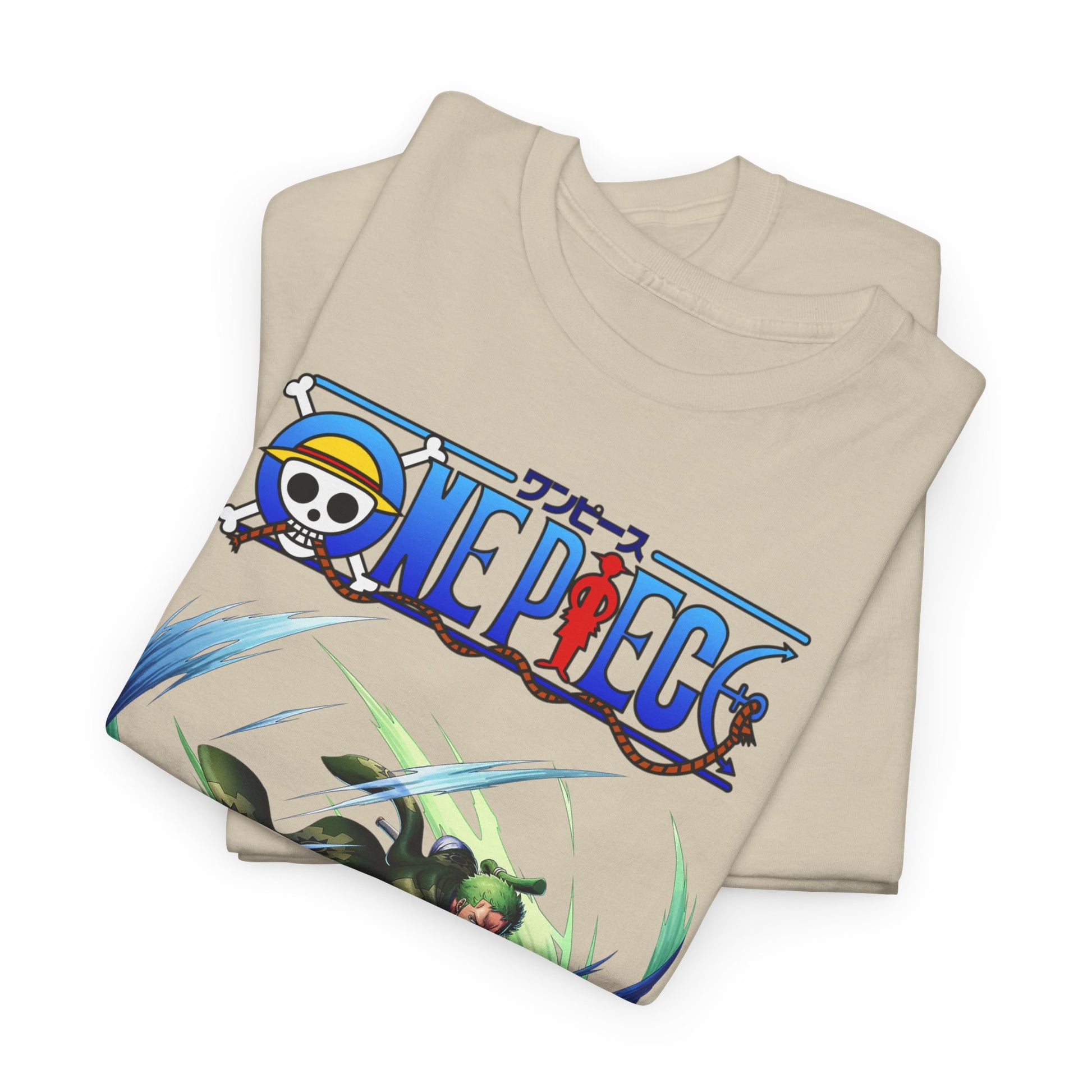 Stylish folded Epic Men's T-Shirt in beige featuring Zoro from One Piece, capturing exquisite artwork and vibrant colours, ideal for luxury anime apparel collectors.