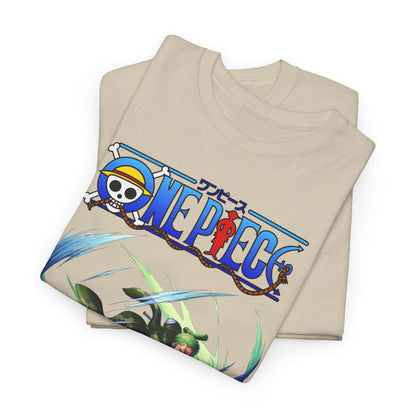 Stylish folded Epic Men's T-Shirt in beige featuring Zoro from One Piece, capturing exquisite artwork and vibrant colours, ideal for luxury anime apparel collectors.