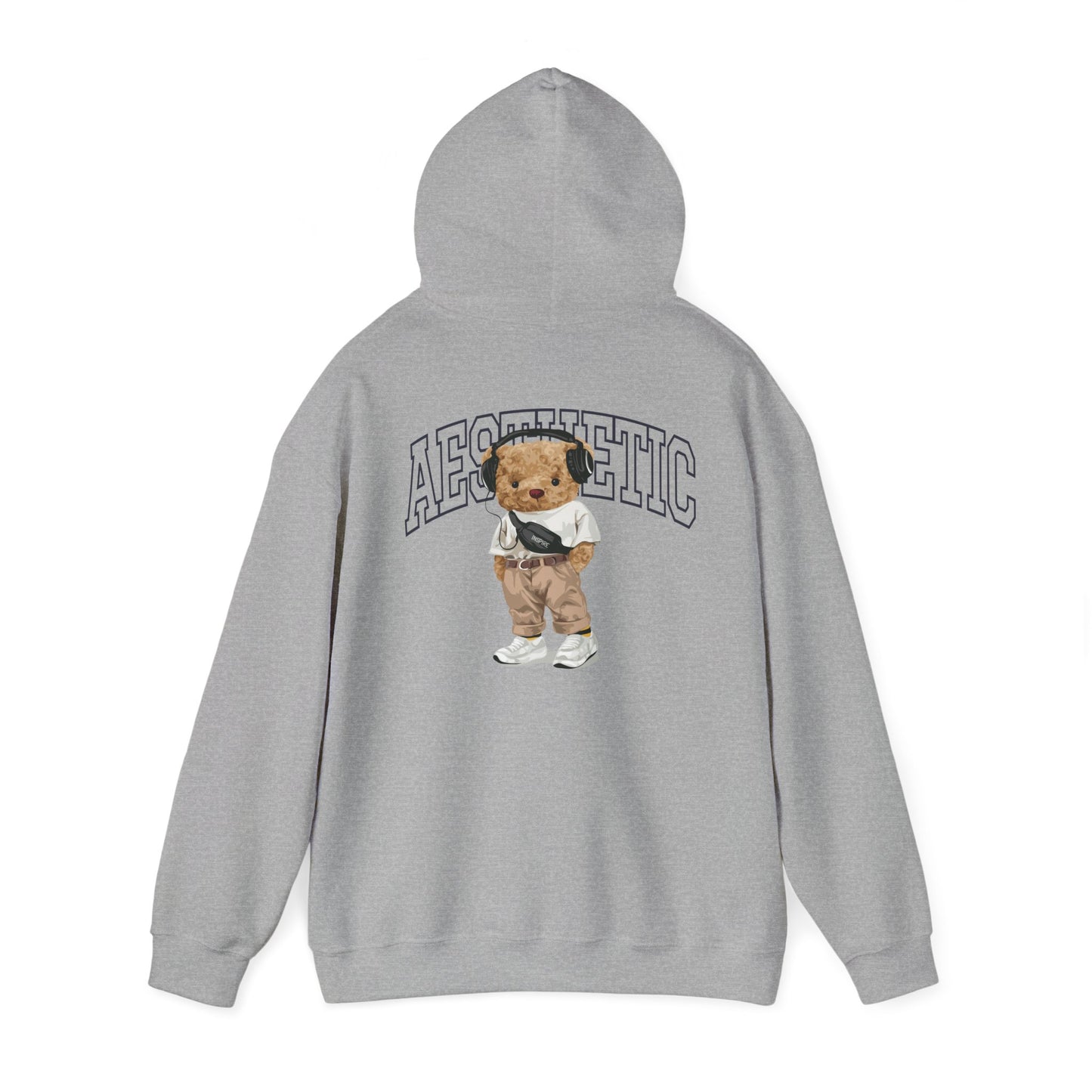 Sophisticated grey hoodie with playful teddy bear artwork on the back, embodying a unique fashion statement.