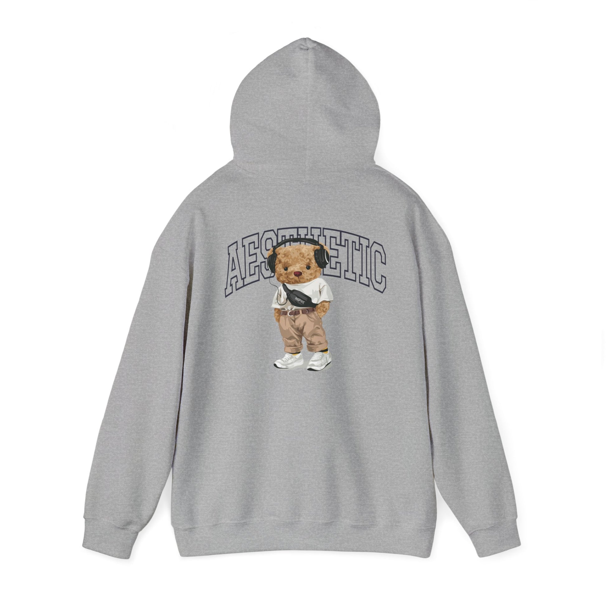 Sophisticated grey hoodie with playful teddy bear artwork on the back, embodying a unique fashion statement.