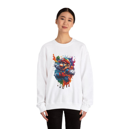 Chic individual wearing a Computer Game Character Unisex Crewneck Sweatshirt in white, highlighting a stunning graphic of a beloved game character, perfect for casual and stylish outings.