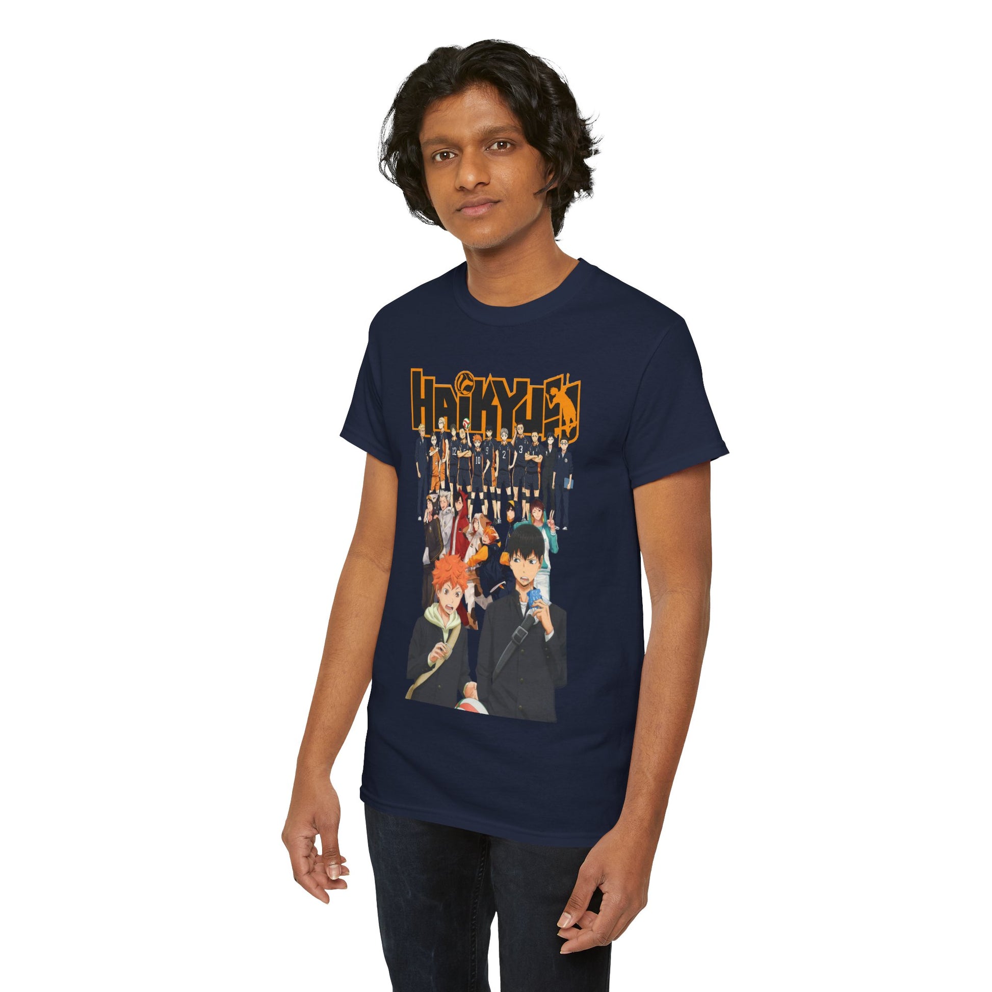 Dapper male model in a navy-blue Haikyuu!! T-shirt, capturing the essence of anime culture and athletic spirit.