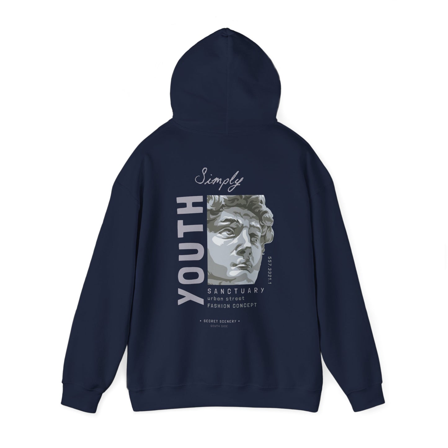 Urban Sanctuary Youth Hoodie in navy featuring an elegant back design with artistic elements, promoting an urban street fashion aesthetic combined with refined comfort.