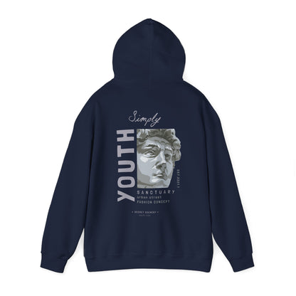 Urban Sanctuary Youth Hoodie in navy featuring an elegant back design with artistic elements, promoting an urban street fashion aesthetic combined with refined comfort.