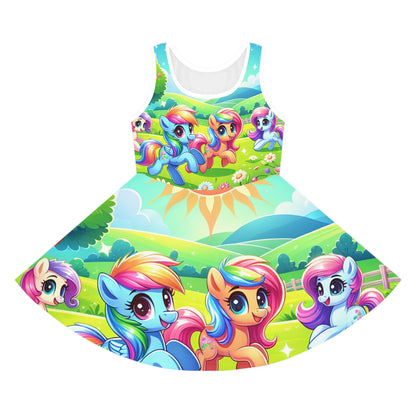 Sophie Belleview Girls Pony-Themed Sundress showcasing vibrant dress design with charming ponies, perfect for toddlers summer fashion by Dazzling Dreams Studio.