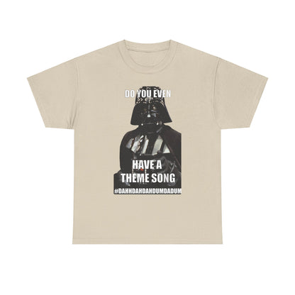 Sophisticated Darth Vader Star Wars unisex cotton t-shirt design, showcasing a classic image of the iconic Sith Lord alongside the playful hashtag #Dahhdahdahdumdadum, perfect for meme lovers and movie aficionados.
