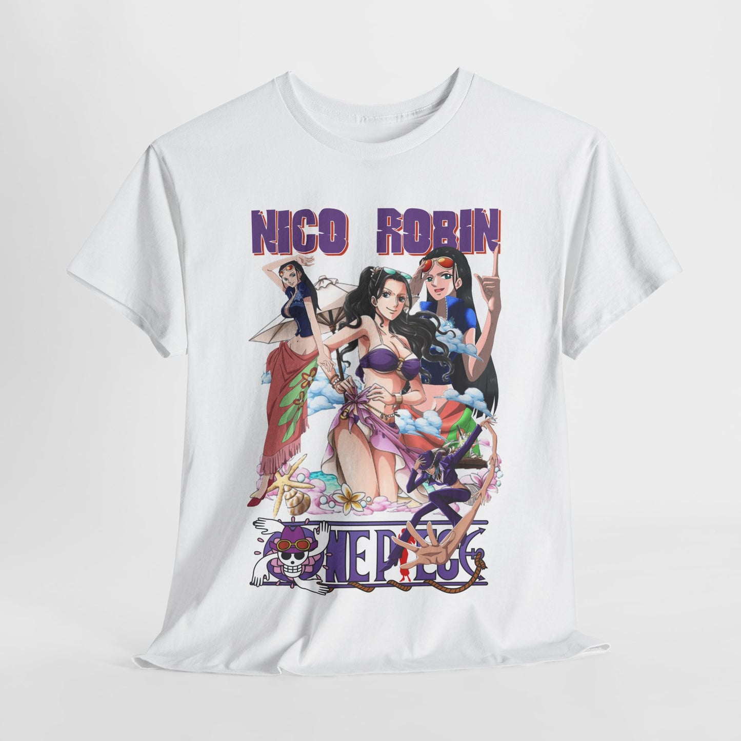 Elegant display of a white t-shirt showcasing a striking anime graphic of Nico Robin and friends, perfect for summer fashion statements.